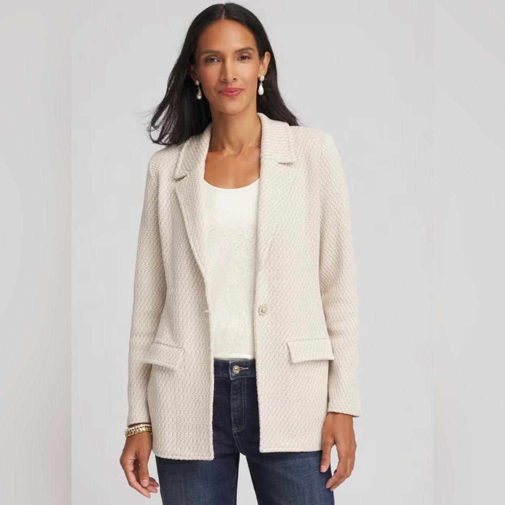 CHICO’S Metallic Rhinestone Sweater Blazer - English Cream (Sz 3/ XL)